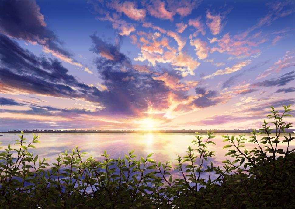 anime scenery sunset leaves nature 720P wallpaper middle size