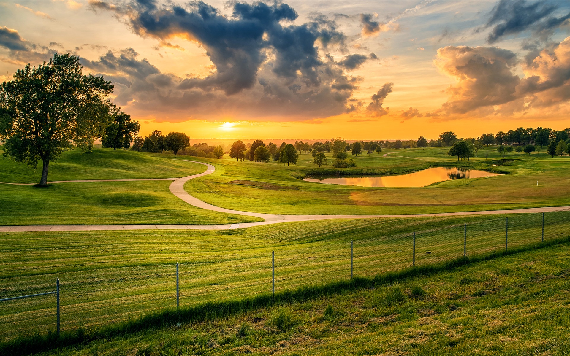 Lees Summit, Missouri, USA, meadow, grass, trees, sunset, pond, clouds