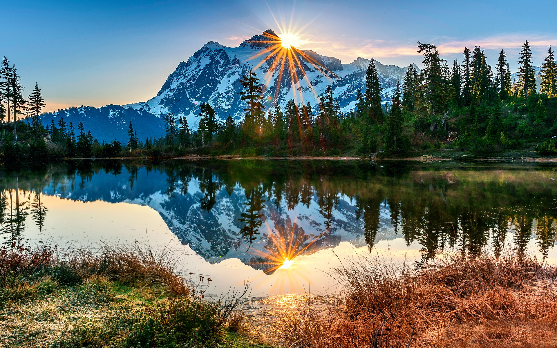 Usa Washington Mount Baker Volcano Lake Reflection Morning