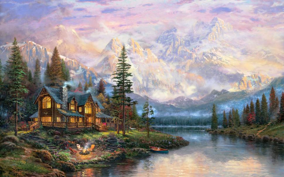 Beautiful painting, mountains, river, house, trees