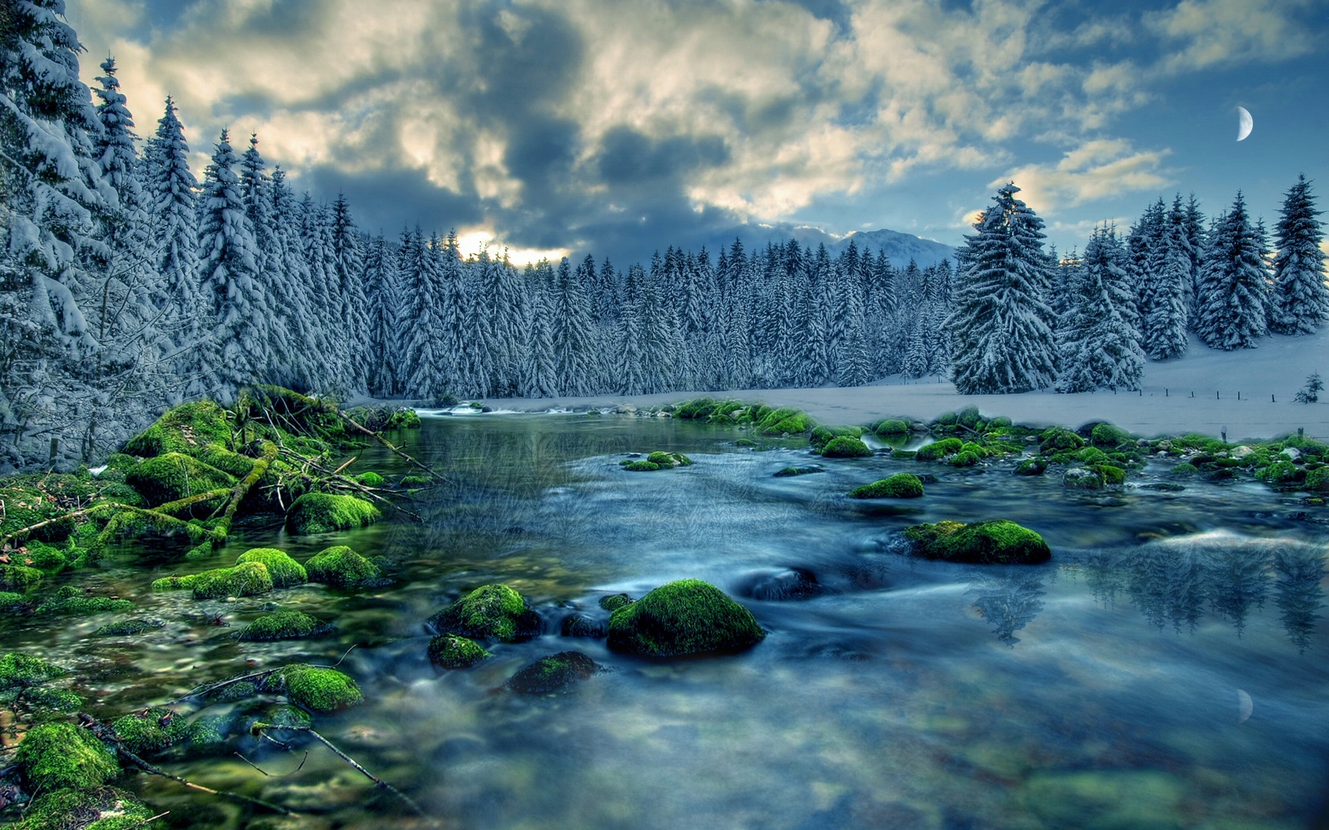 Winter Landscape River Forest Trees Sky Clouds Snow Wallpaper