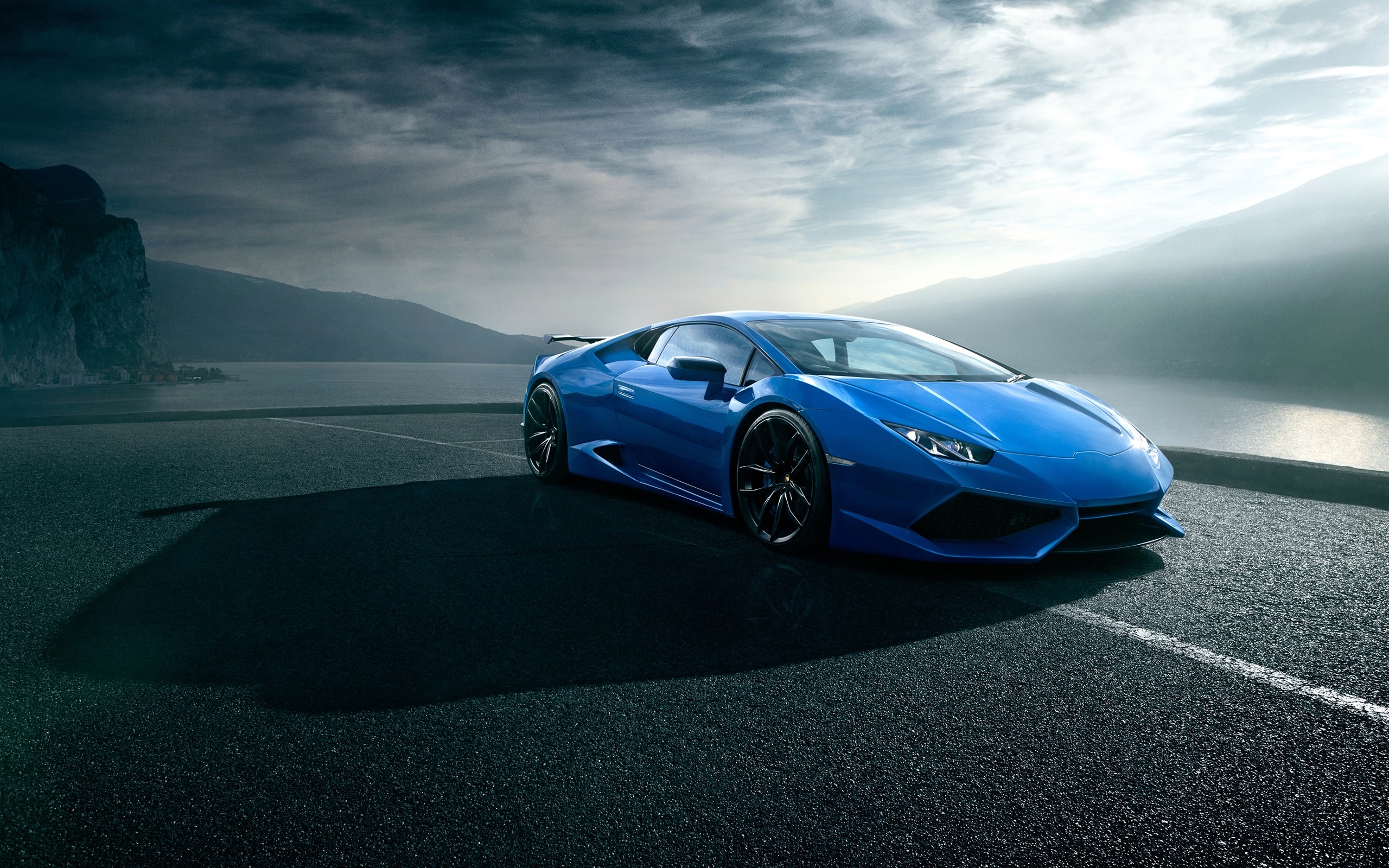 Lamborghini Huracan blue luxury supercar, road, clouds ...