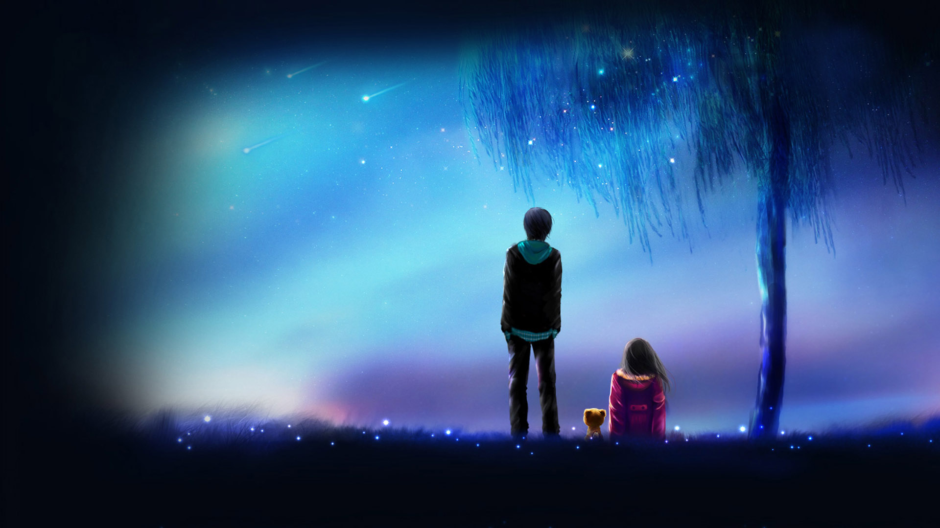 Meteor, anime, anime boy, anime girl, love, night, friends wallpaper