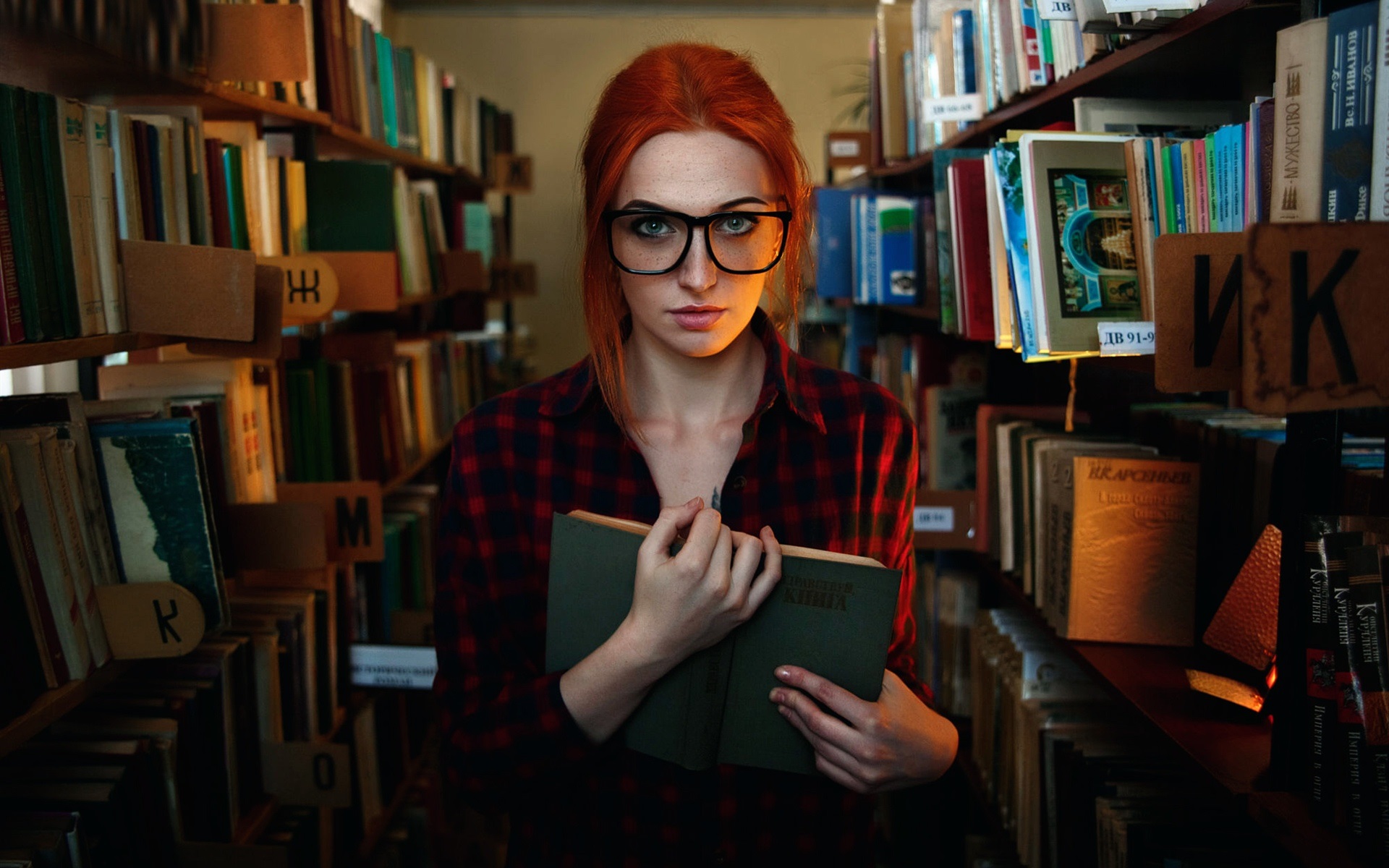 Red Hair Girl Freckles Glasses Library Reading Book