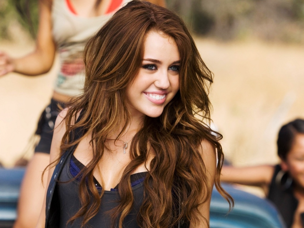 Miley Cyrus Celebrities Star Long Hair Smiling Woman Blue