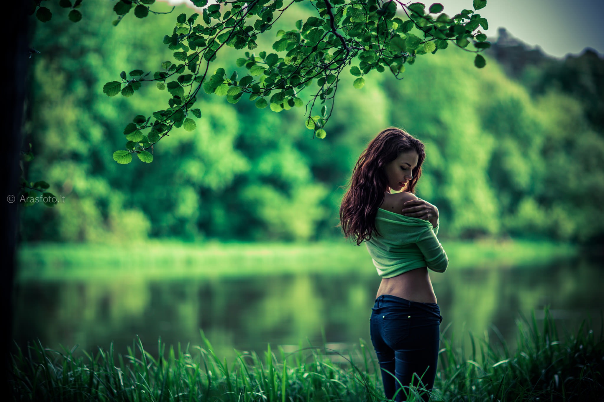 Woman, Grass, Lake, Trees, Nature, Green wallpaper | girls | Wallpaper