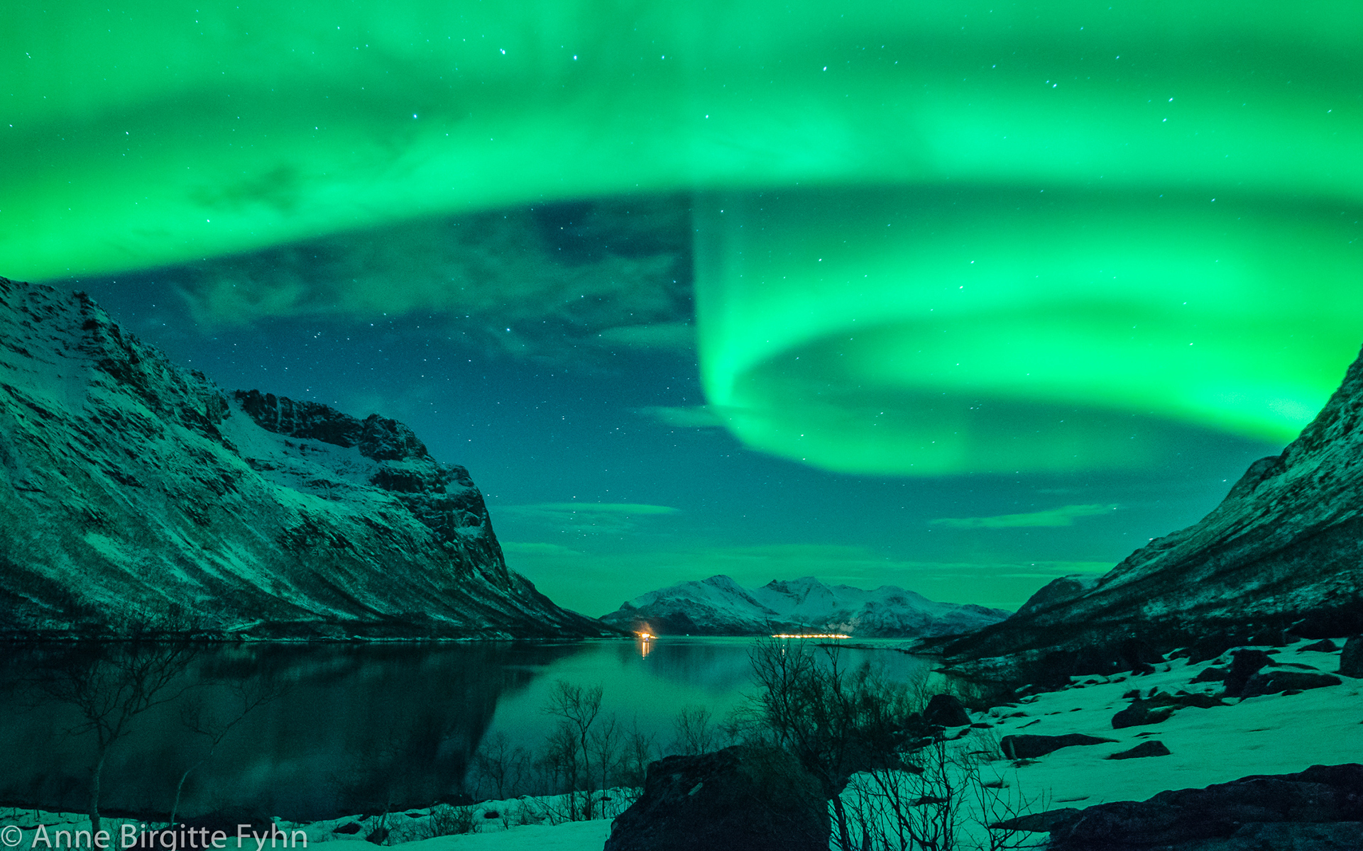 Aurora Borealis Northern Lights Night Green Stars Lake Mountains Snow