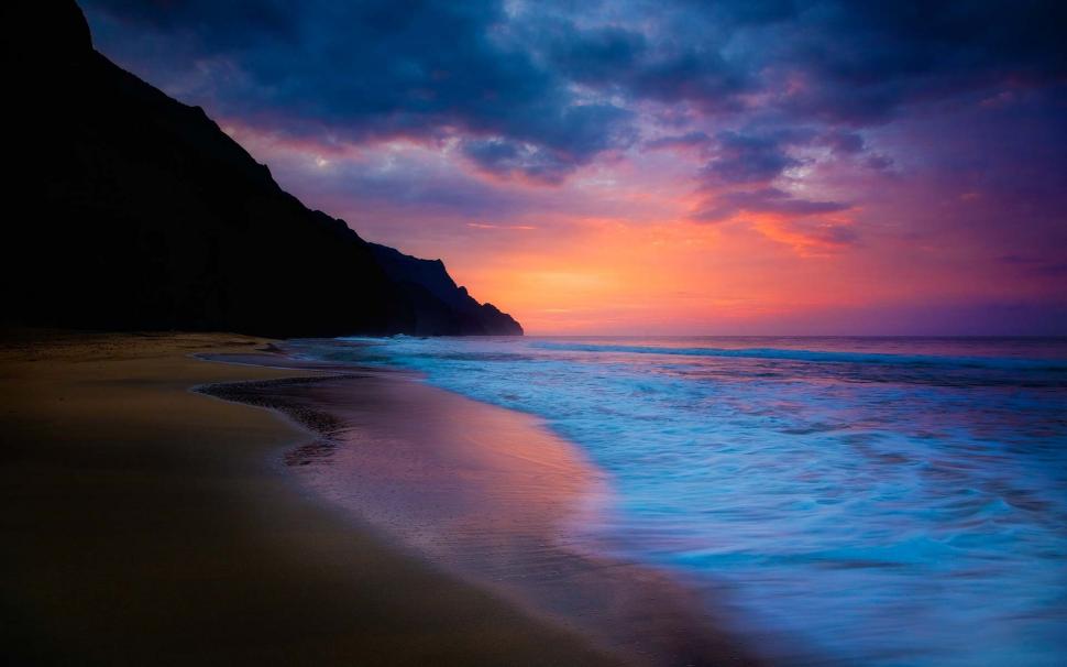 Sea Beach Sunset Purple And Blue Sky Clouds Coast Wallpaper Nature