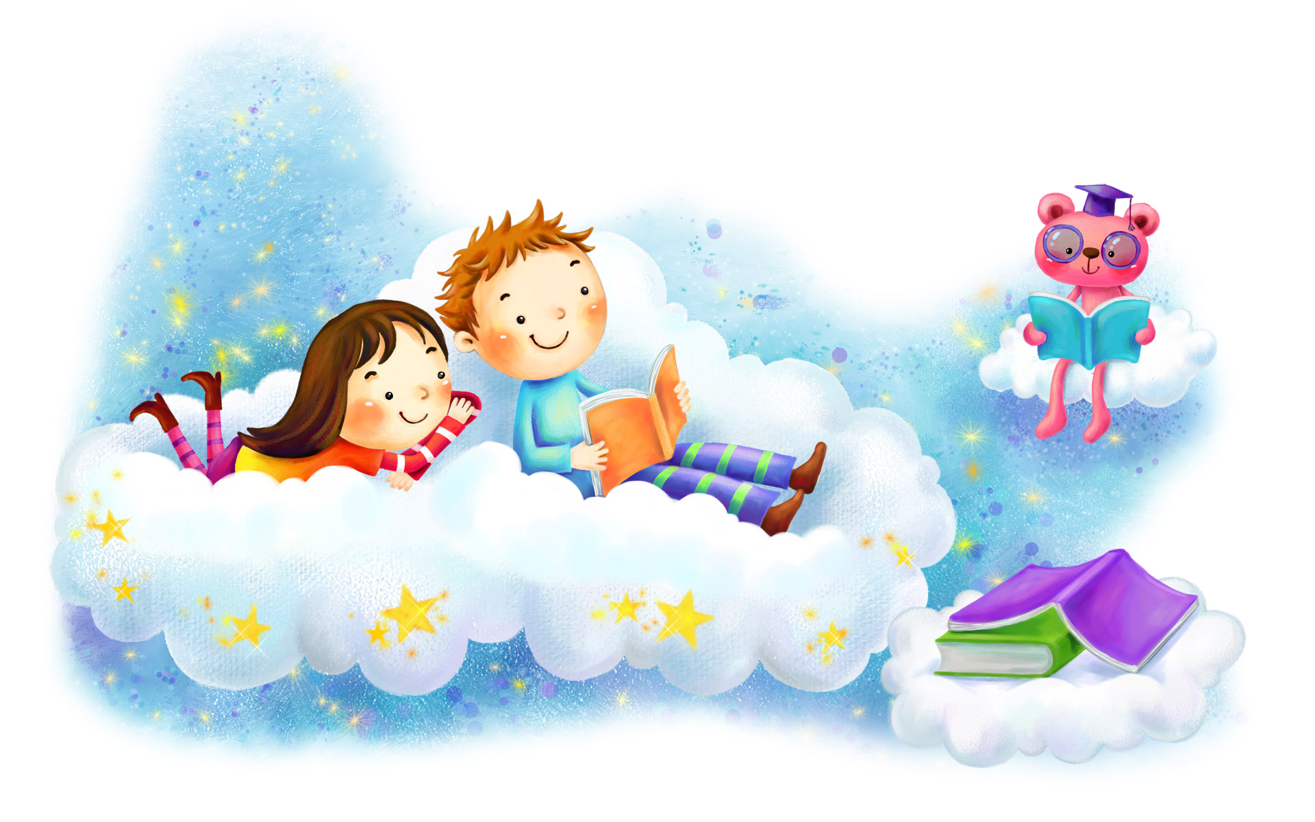 Art, Kids, Boy, Girl, Reading, Books, Clouds, Simple Background, Stars