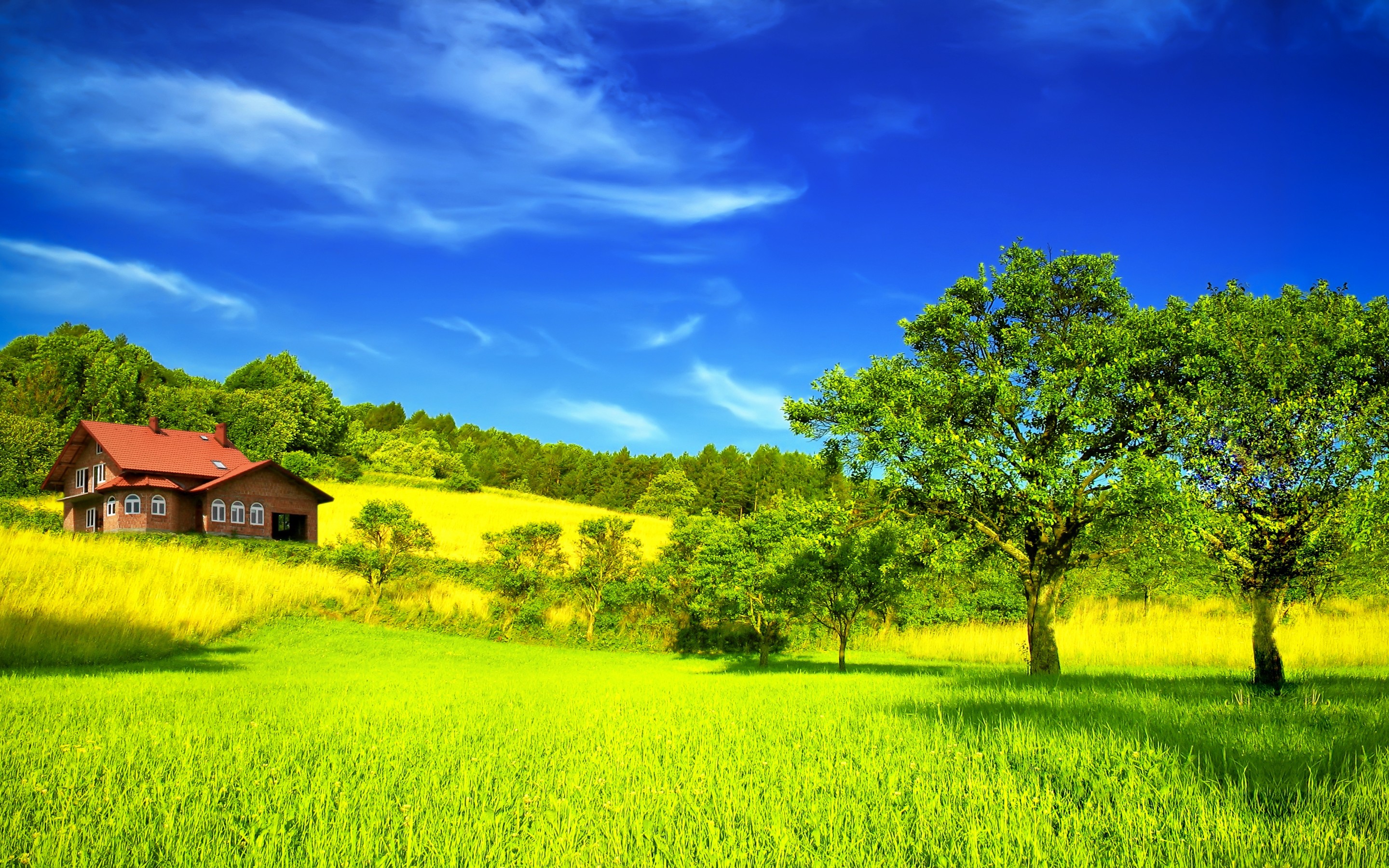 Summer house, green field wallpaper | nature and landscape | Wallpaper ...