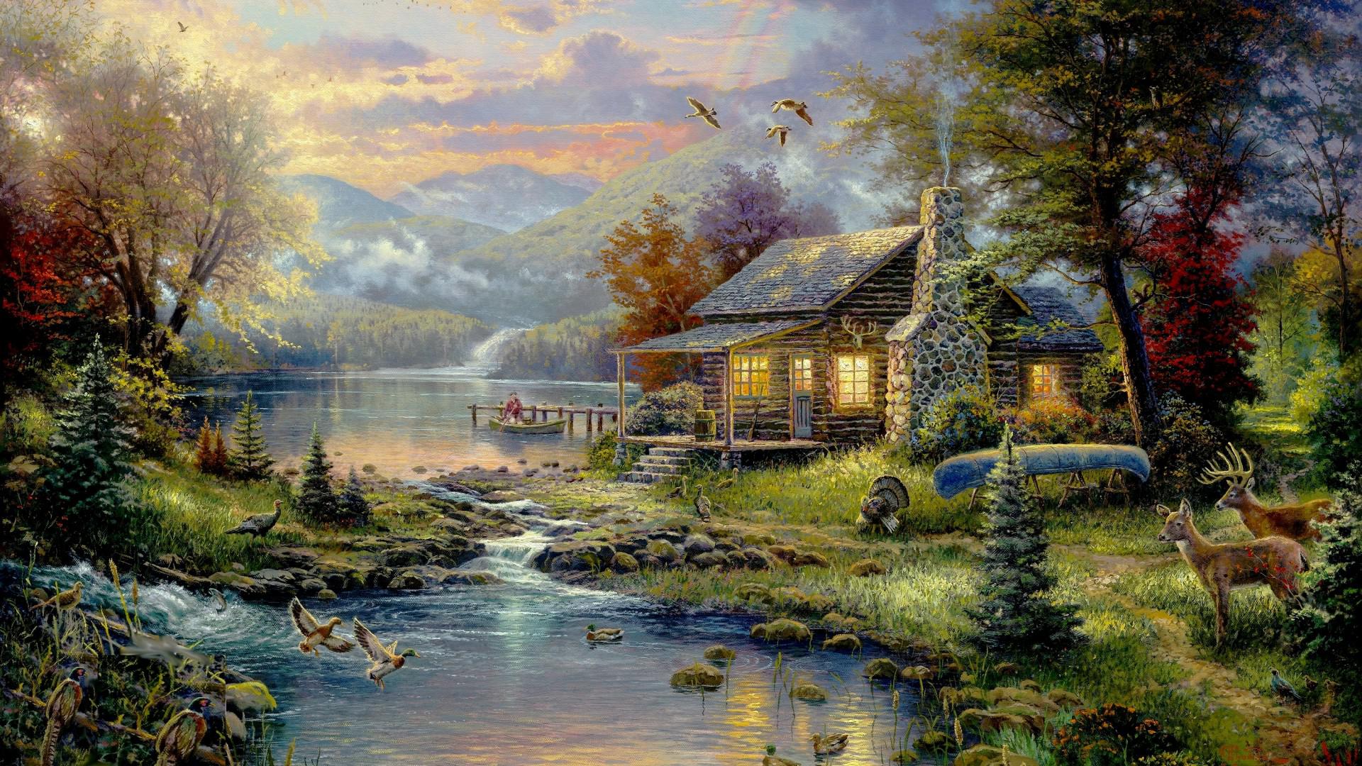 Thomas Kincaid, paradise, landscape painting wallpaper