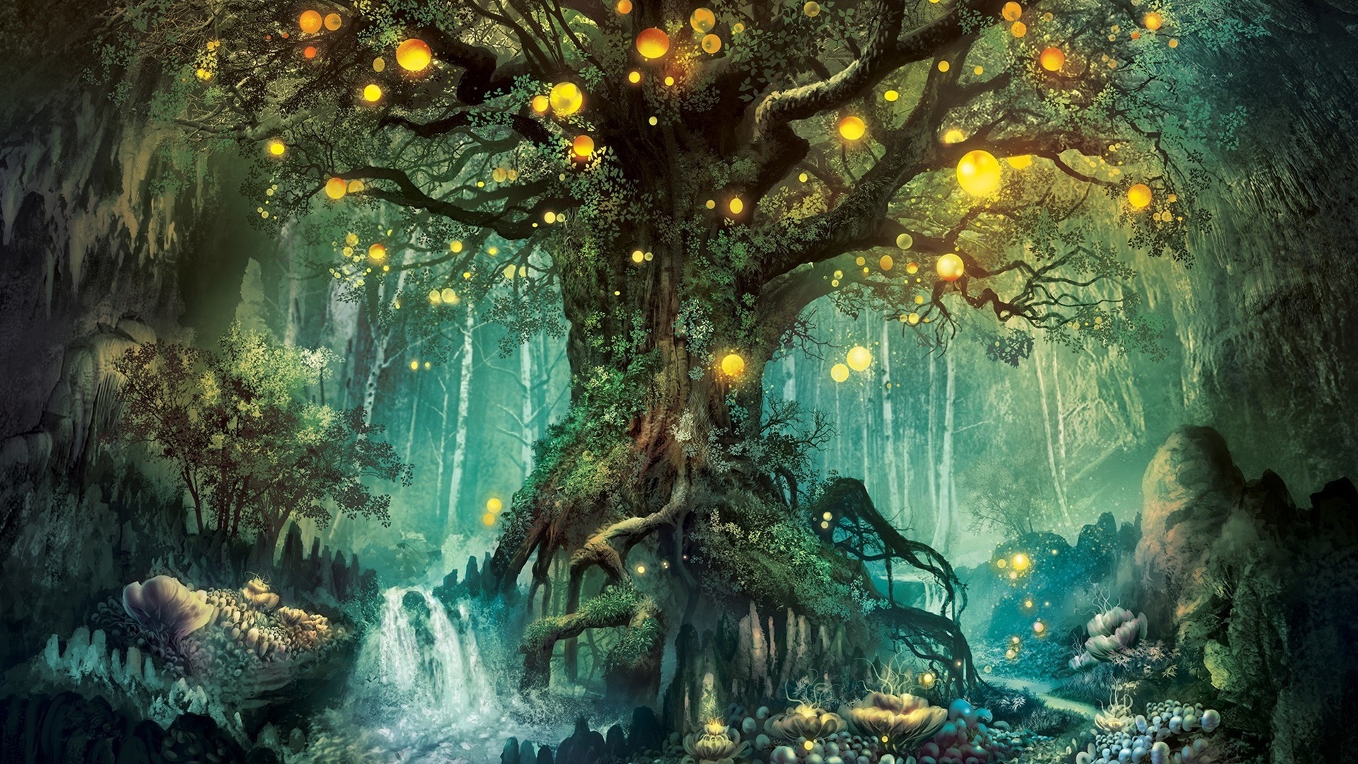 Magic forest, tree, lights, creative design wallpaper | creative and