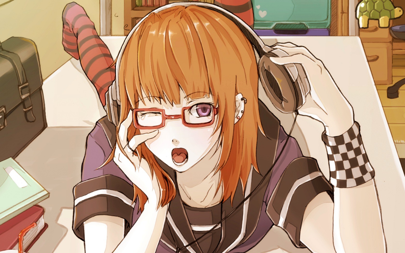 Anime Girls, Headphones, Glasses, Original Characters, Orange Hair