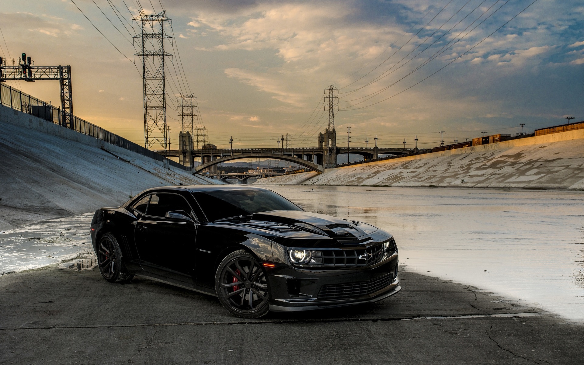 Chevrolet Camaro black car, bridge, power line wallpaper | cars