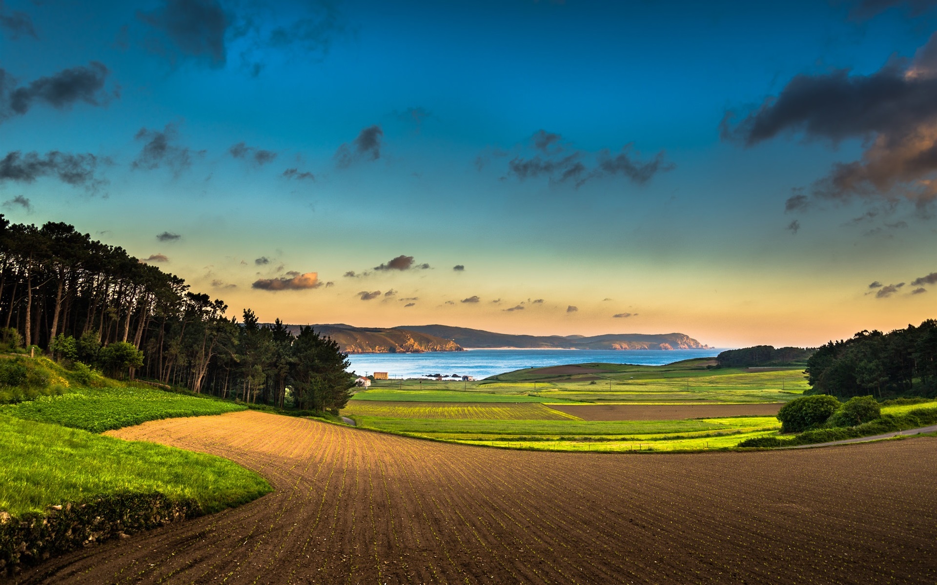 Beautiful Scenery Trees Fields Sky Clouds Mountains Lake