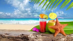 Tropical, sea, starfish, beach, lemon, sky, summer, leaves, fruit juice drinks, Landscape, wallpaper thumb