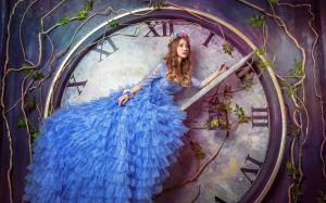 Creative pictures, blue dress girl, big watch wallpaper thumb