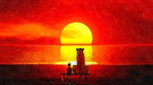 Calvin and Hobbes Drawing Sunset Red HD wallpaper thumb