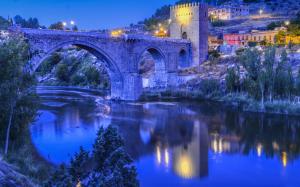 Toledo, Spain, river, bridge, evening, lights, hillside house wallpaper thumb