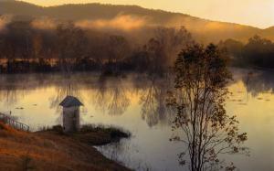 Morning fog, hills, trees, lake, autumn wallpaper thumb