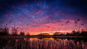 Beautiful evening, lake, village, reeds, trees, sunset, water reflection wallpaper thumb