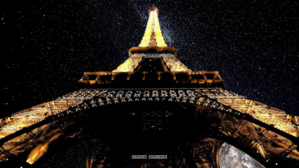 Paris Eiffel Tower at Night HD wallpaper,deep space HD wallpaper,eiffel tower HD wallpaper,france HD wallpaper,lights HD wallpaper,paris HD wallpaper,photo manipulation HD wallpaper,stars HD wallpaper,tower HD wallpaper,1920x1080 wallpaper