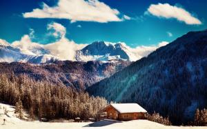 Winter, mountains, trees, blue sky, clouds, wood house wallpaper thumb