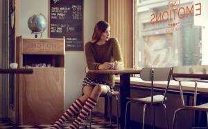 Woman, Cafe, Sitting, Sweater wallpaper thumb