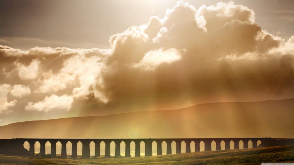 Sun Rays Over a Viaduct wallpaper,Scenery HD wallpaper,3554x1999 wallpaper
