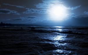 moon, night, ocean, coast, light, serfer, outlines wallpaper thumb