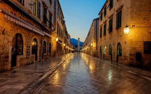 Dubrovnik, Croatia, sunrise, footpath, lights, house wallpaper thumb