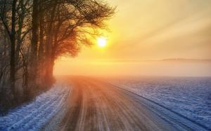 Sunset, road, winter, trees, warm sun wallpaper thumb
