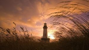 Lighthouse Sunset Grass HD wallpaper thumb