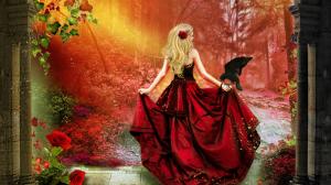 Art fantasy, red dress girl, blonde hair, crow, red forest wallpaper thumb