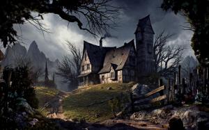 Old house, Halloween, road, fence, trees, mountains wallpaper thumb