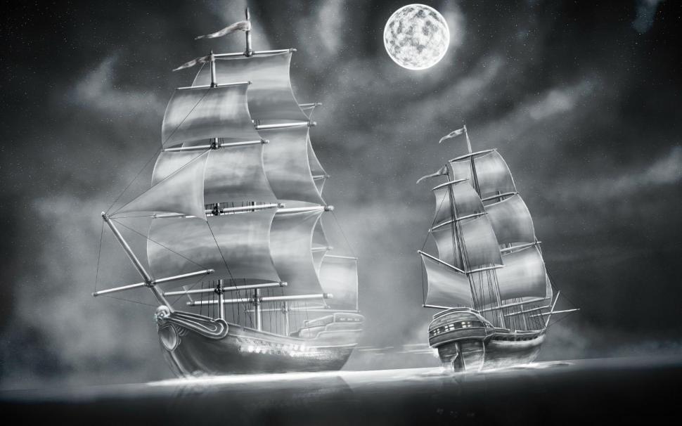 Moonshine Sailing wallpaper,sailships HD wallpaper,moon HD wallpaper,black-and-white HD wallpaper,clouds HD wallpaper,1920x1200 wallpaper