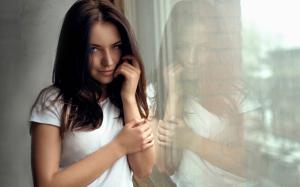 White clothes girl, portrait, reflection, window wallpaper thumb