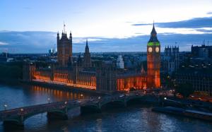 England, London, evening dusk, lights, bridge, river, buildings wallpaper thumb