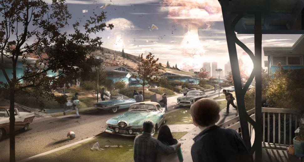 Fallout 4, Concept Art, Drawing, Game, People, Car, Trees wallpaper,fallout 4 HD wallpaper,concept art HD wallpaper,drawing HD wallpaper,game HD wallpaper,people HD wallpaper,car HD wallpaper,trees HD wallpaper,2700x1442 wallpaper