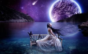 Aesthetic creative landscape, lake water benches girl, sky planet wallpaper thumb