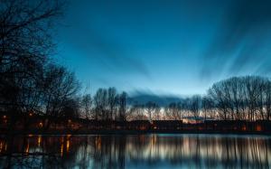 Lake twilight scenery, houses, trees, pond, evening wallpaper thumb