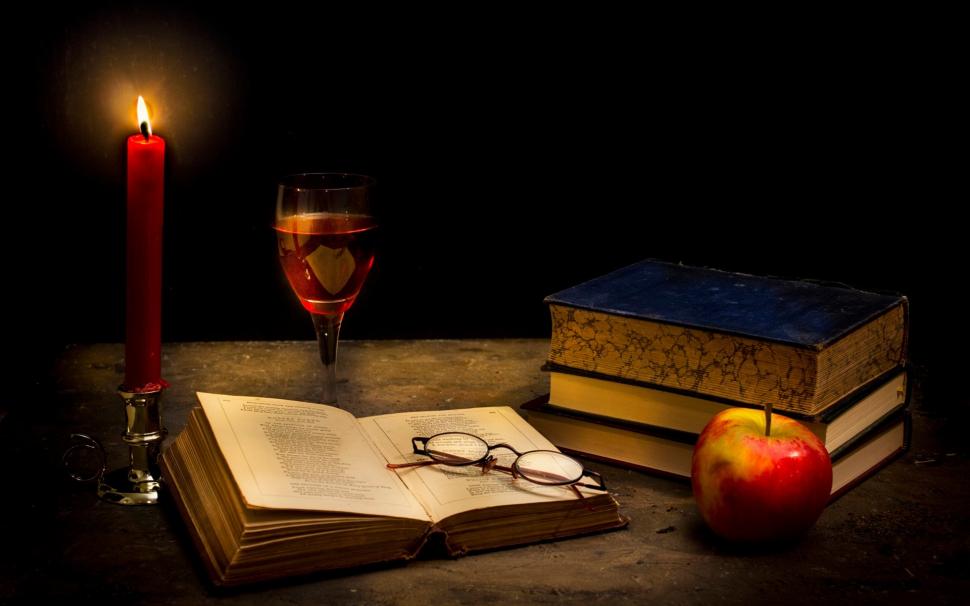 Tranquillity dark, candle, books, glass, apple wallpaper,Tranquillity HD wallpaper,Dark HD wallpaper,Candle HD wallpaper,Books HD wallpaper,Glass HD wallpaper,Apple HD wallpaper,1920x1200 wallpaper