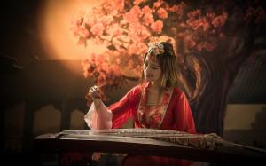 Red dress girl, asian, music, guzheng wallpaper thumb