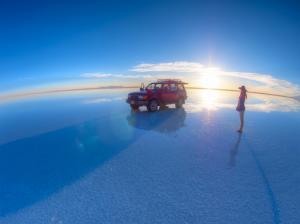 Uyuni Salt Lake, girl, Toyota pickup, sunset, blue sky wallpaper thumb