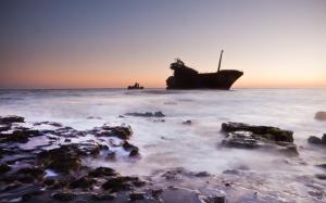 Shipwreck Ship Abandon Deserted Rocks Stones Ocean Sunset Urban Decay HD wallpaper thumb