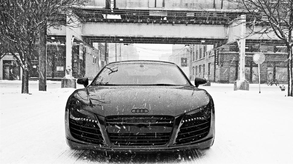 Black and White Audi R8 in Snow HD wallpaper,audi r8 HD wallpaper,black and white HD wallpaper,front view HD wallpaper,snow HD wallpaper,winter HD wallpaper,1920x1080 wallpaper