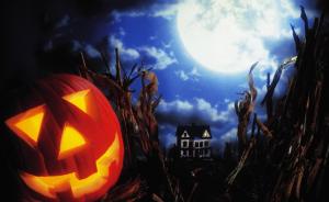 halloween, holiday, pumpkin, light, twigs, castle, sky, moon, clouds wallpaper thumb