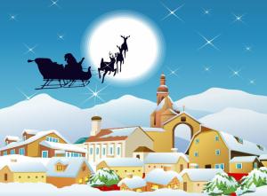 santa claus, sleigh, flying, moon, city, houses wallpaper thumb