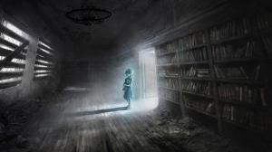 Anime girl in abandoned library wallpaper thumb