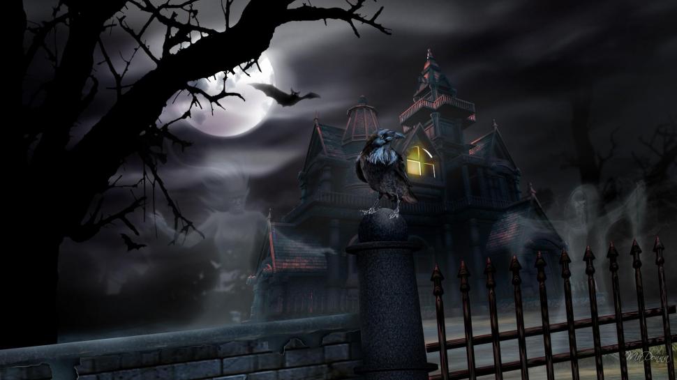 House Of Darkness wallpaper,firefox persona HD wallpaper,full moon HD wallpaper,raven HD wallpaper,halloween HD wallpaper,tree HD wallpaper,fence HD wallpaper,dark HD wallpaper,house HD wallpaper,haunted HD wallpaper,bats HD wallpaper,night HD wallpaper,animals HD wallpaper,1920x1080 wallpaper